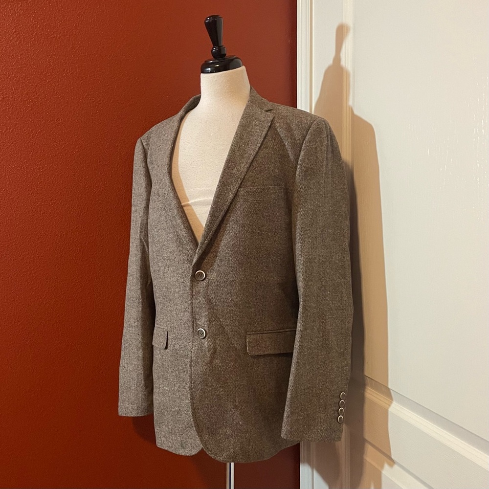 Alberto Nardoni Men’s Herringbone Cognac Slim‎ Fit Wool Blend Blazer Sport Coat
